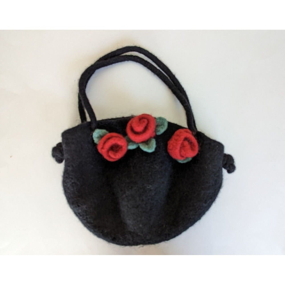 Boiled Wool Shoulder Black Bag with Flowers
